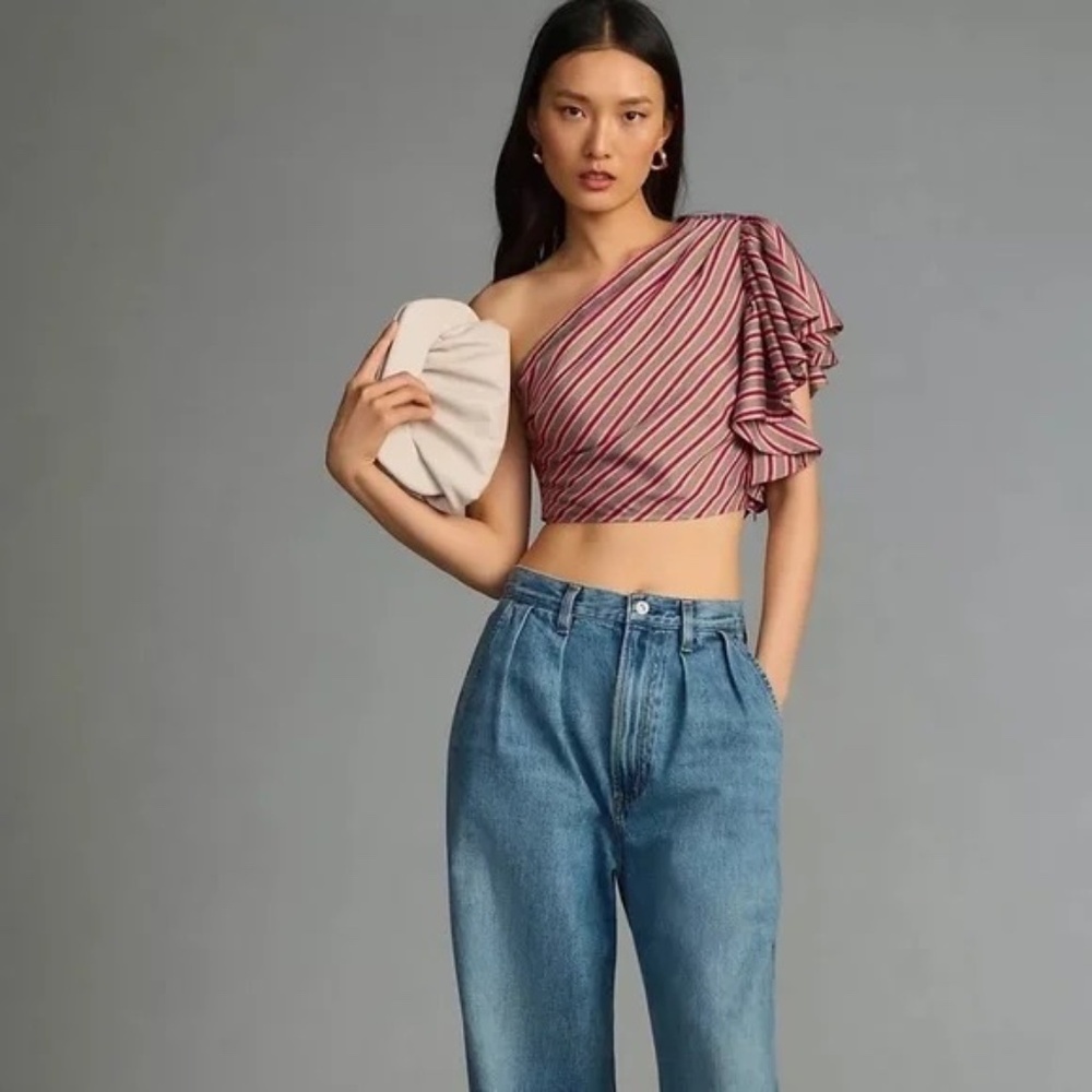 NWT Anthropologie Maeve One Shoulder Ruffle Striped Top Large - Picture 2 of 4